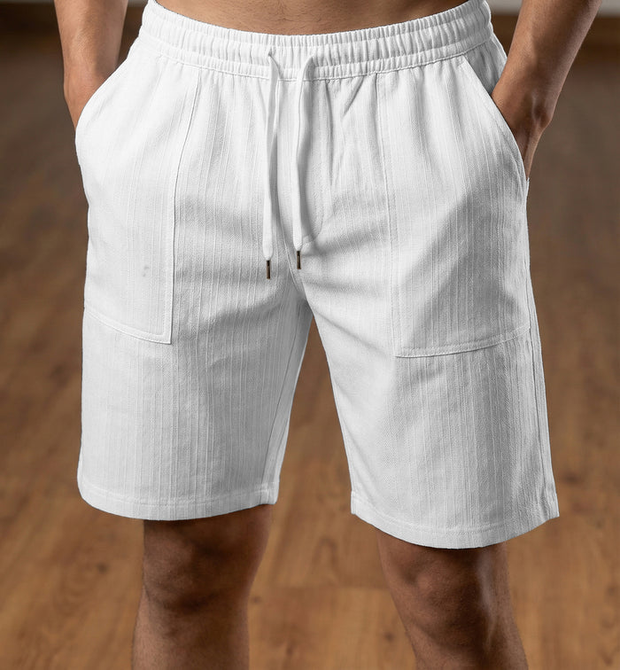 Men’s White Textured Polyester Jute Drawstring Shorts