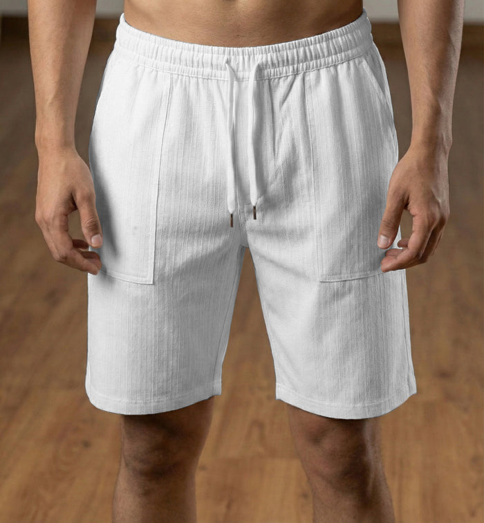 Men’s White Textured Polyester Jute Drawstring Shorts