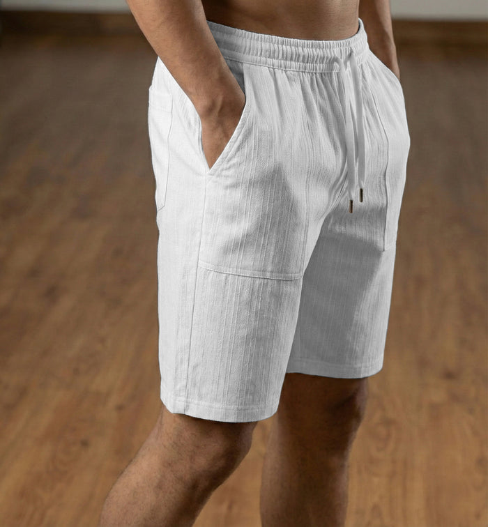 Men’s White Textured Polyester Jute Drawstring Shorts