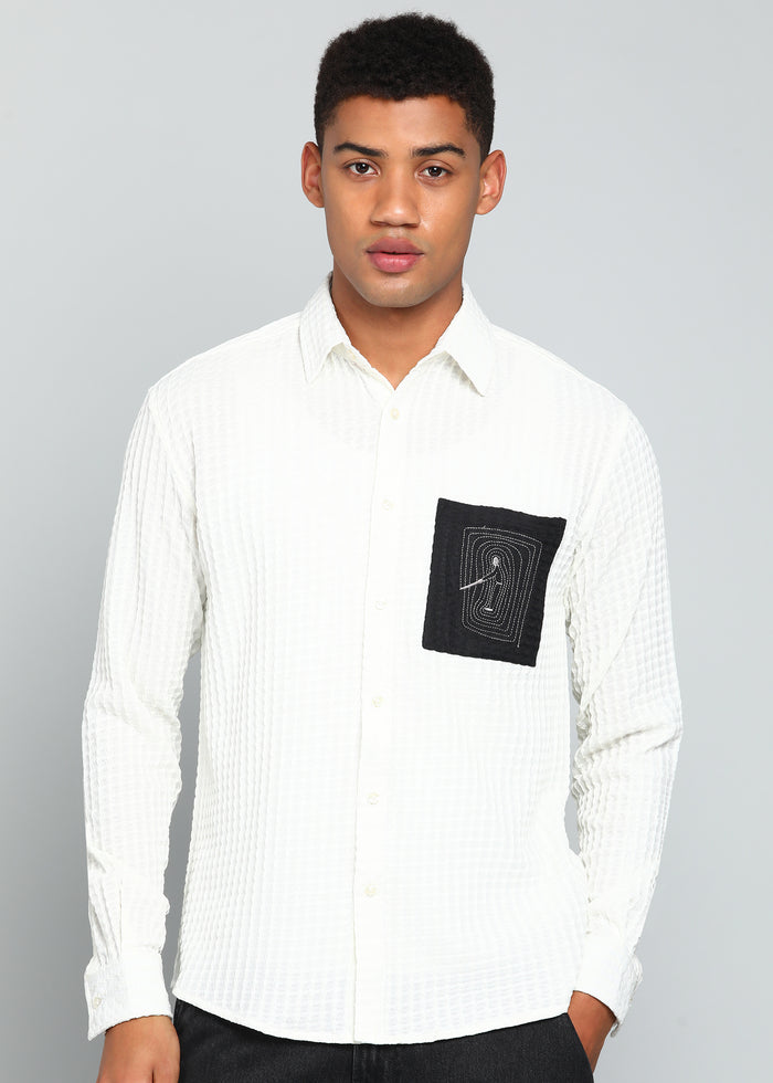 Men’s White Textured Polyester Long Sleeve Shirt with Contrast Graphic Patch