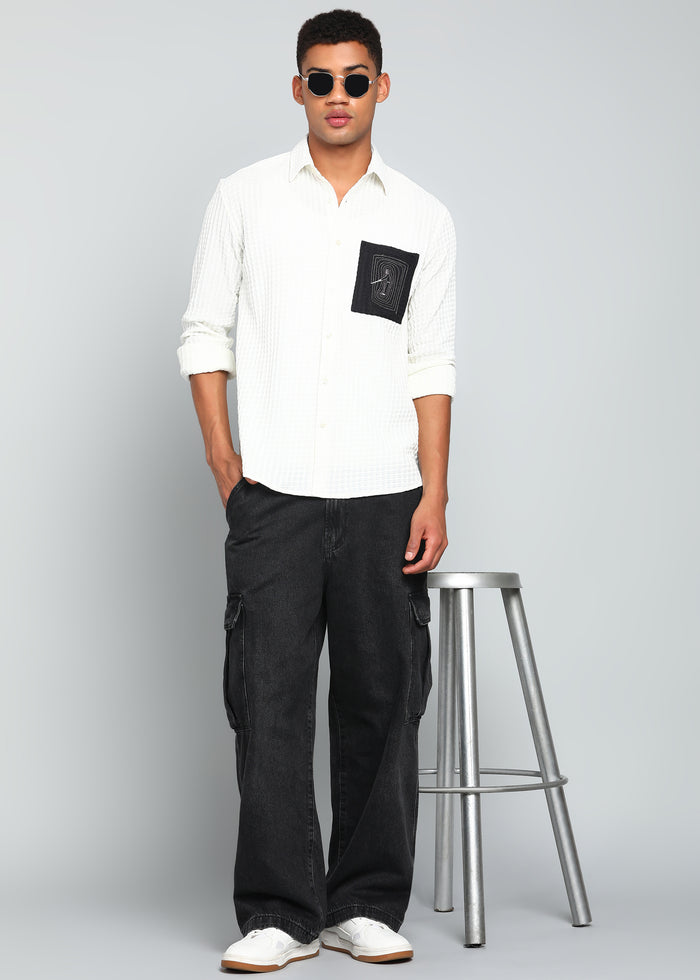 Men’s White Textured Polyester Long Sleeve Shirt with Contrast Graphic Patch