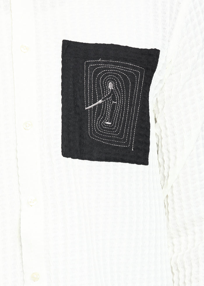 Men’s White Textured Polyester Long Sleeve Shirt with Contrast Graphic Patch