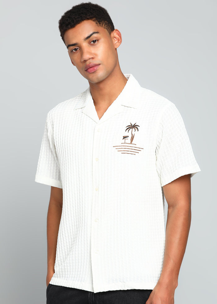 Men’s White Textured Seersucker Cuban Collar Shirt with Palm Embroidery