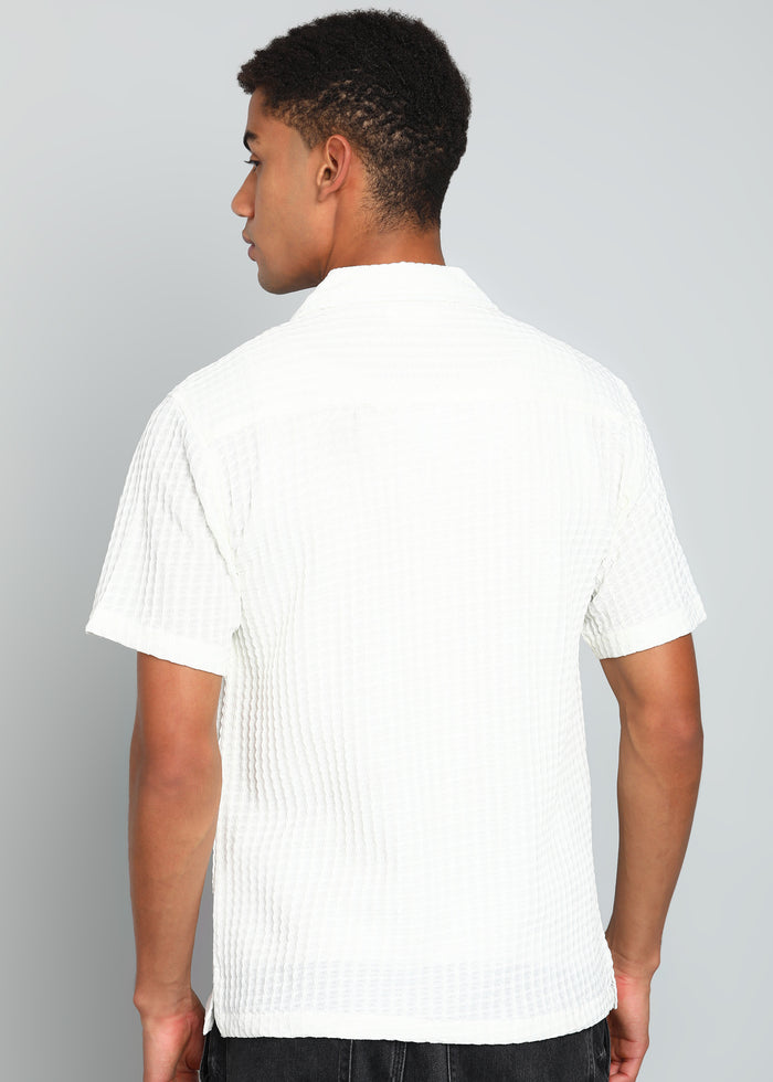 Men’s White Textured Seersucker Cuban Collar Shirt with Palm Embroidery