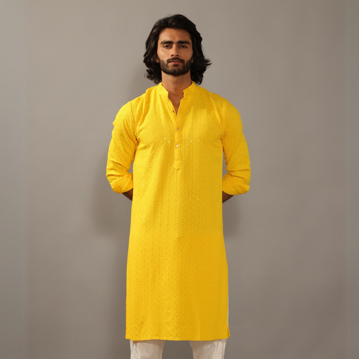 Mens Yellow Chikankaari Kurta Pajama for Haldi function