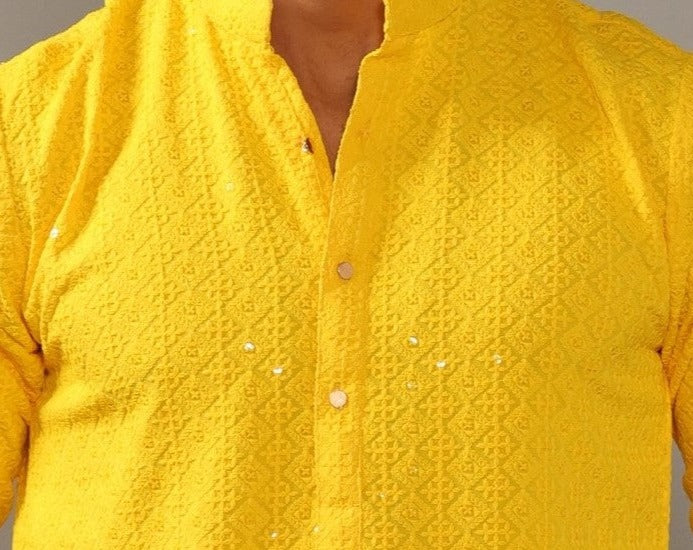 Mens Yellow Chikankaari Kurta Pajama for Haldi function