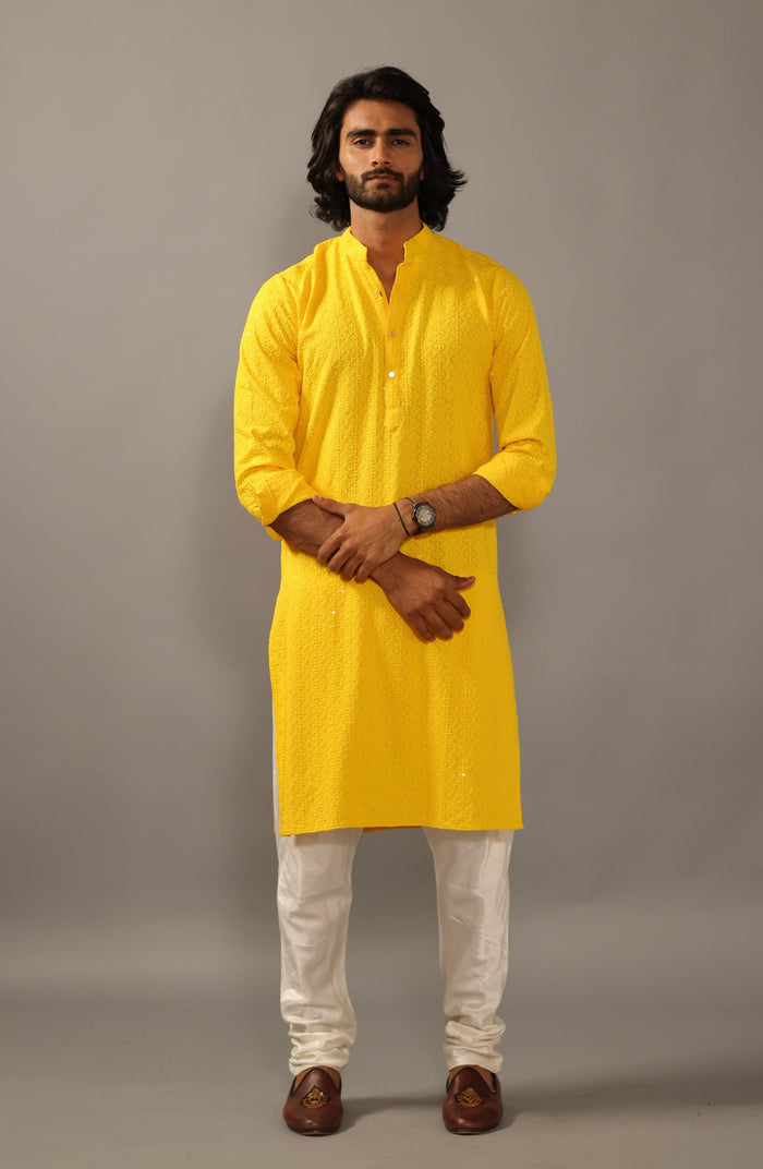 Mens Yellow Chikankaari Kurta Pajama for Haldi function