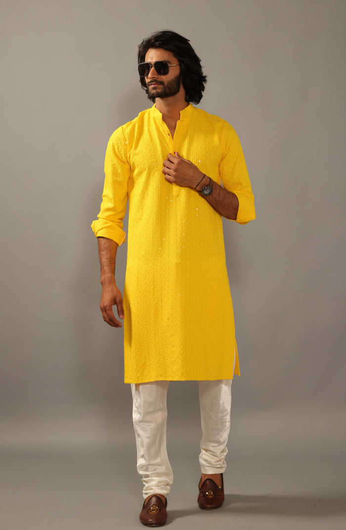 Mens Yellow Chikankaari Kurta Pajama for Haldi function
