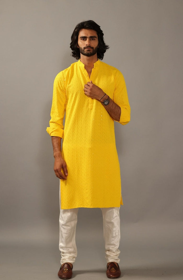 Mens Yellow Chikankaari Kurta Pajama for Haldi function