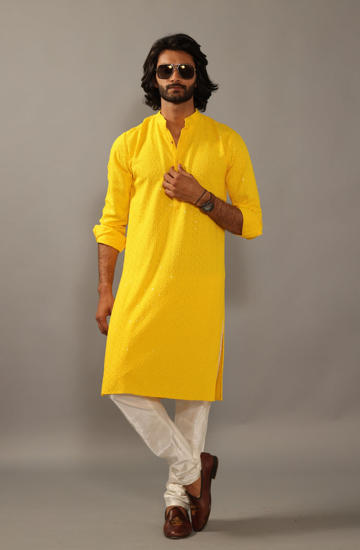 Mens Yellow Chikankaari Kurta Pajama for Haldi function