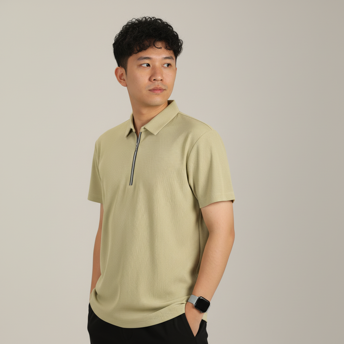 Men’s Yellow Textured Ribbed Zip Polo T-Shirt