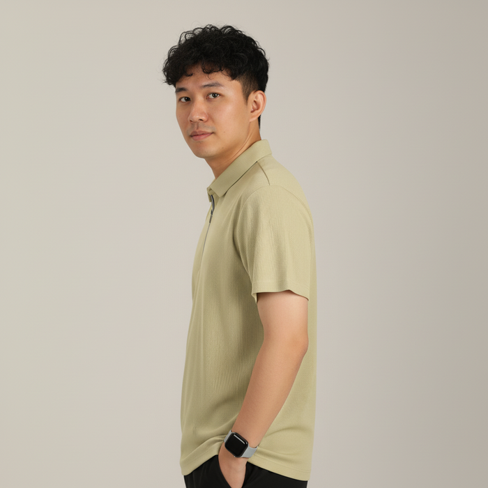 Men’s Yellow Textured Ribbed Zip Polo T-Shirt