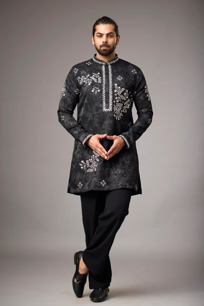 Black Kurta Set for Men – Tonal Botanical Floral Ethnic Wear | Mahavir NX