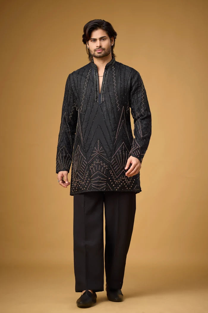 Midnight Black Geometric Embroidered Kurta Set for Men | Mahavir NX
