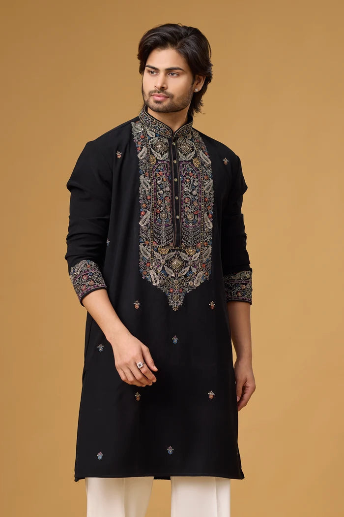 Black Geometric Panel Embroidered Kurta for Men – Wedding Wear | Mahavir NX