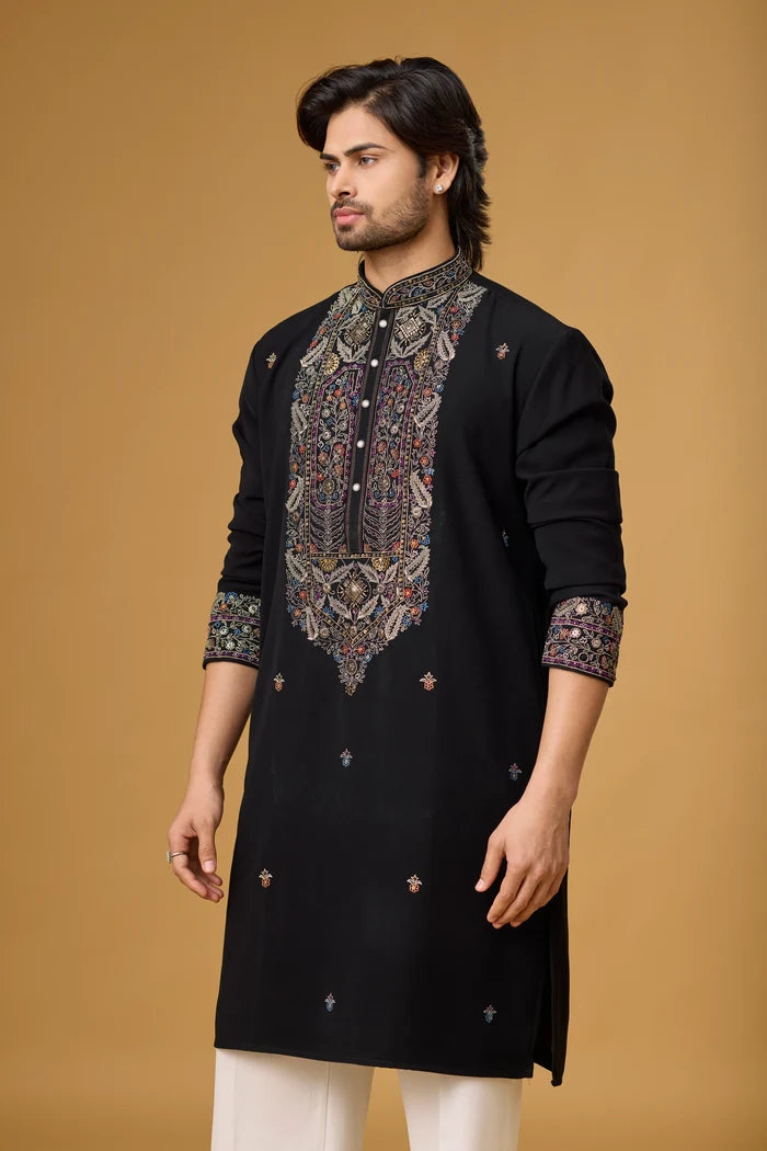 Buy Black Embroidered Kurta Set for Men Online India | Mahavir NX