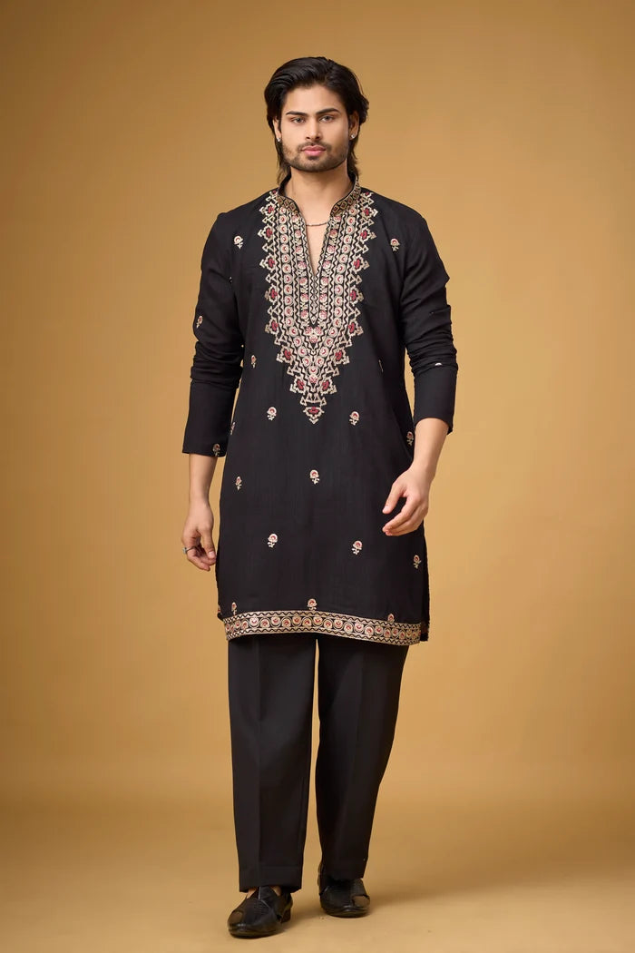Midnight Black Heritage Motif Embroidered Kurta for Men | Mahavir NX