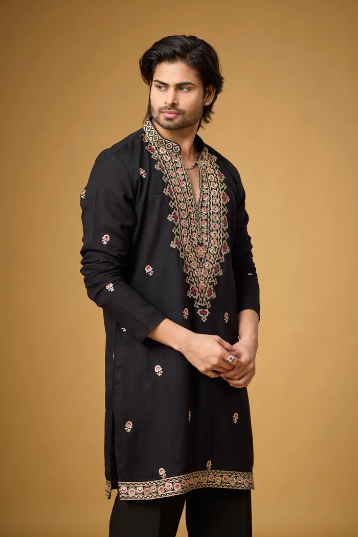 Heritage Motif Black Kurta Pajama Set – Front View | Mahavir NX