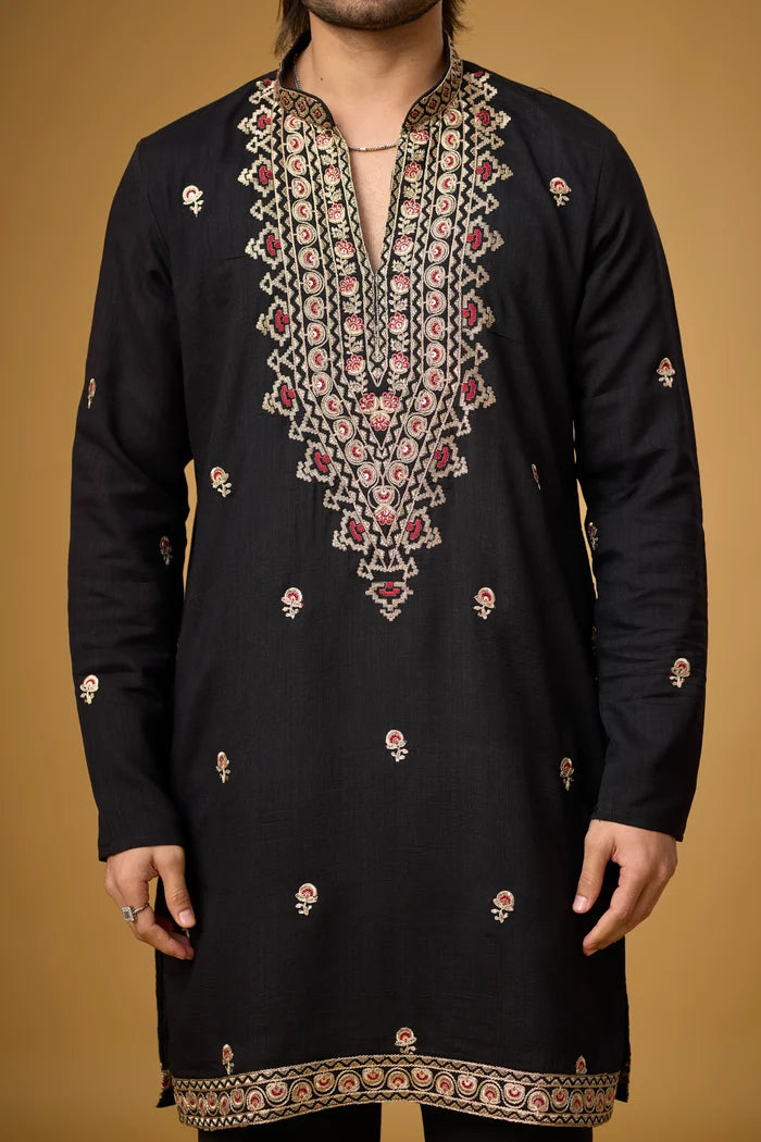 Affordable Black Embroidered Ethnic Kurta Set – Party Wear | Mahavir NX