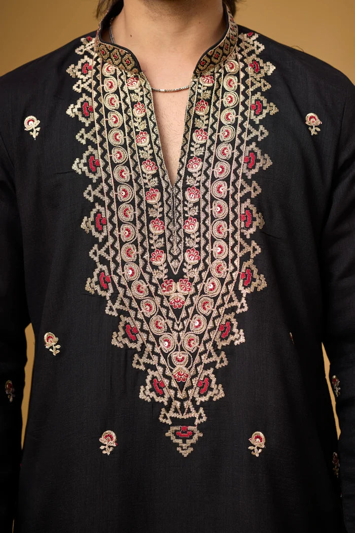 Black Heritage Motif Kurta Set for Men – Full Length View | Mahavir NX