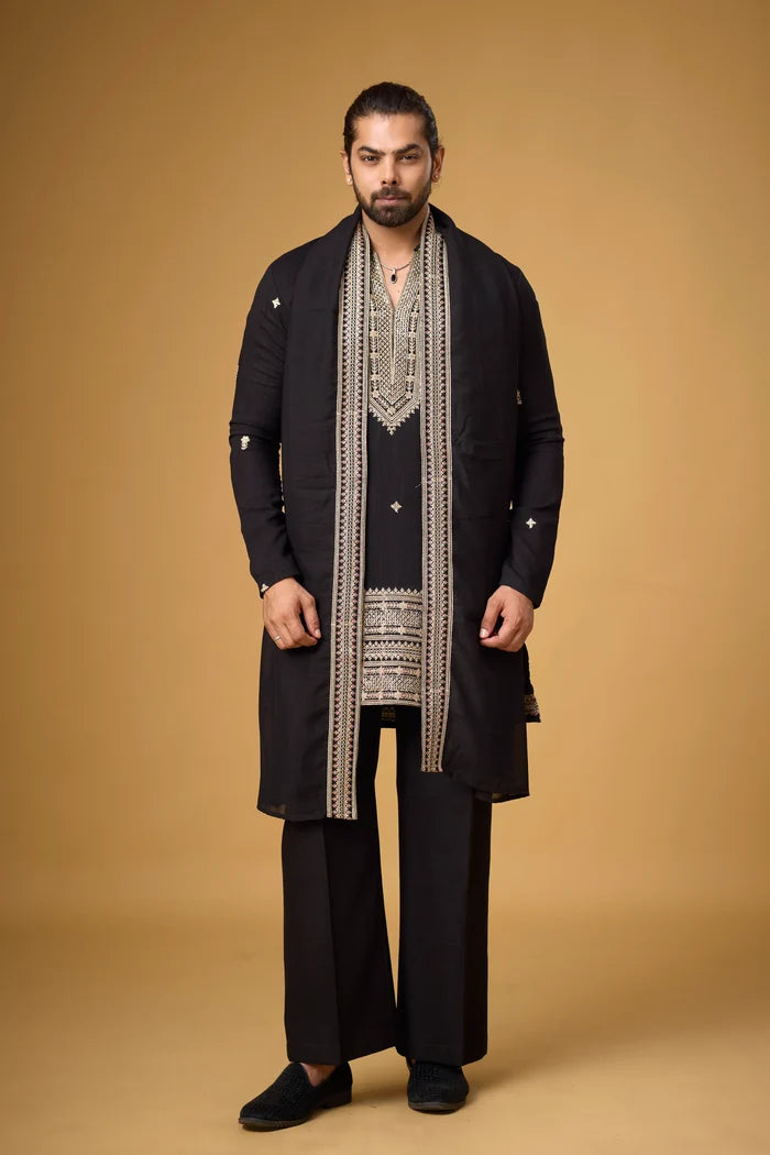 Midnight Black Regal Embroidered Kurta Set with Stole for Men | Mahavir NX