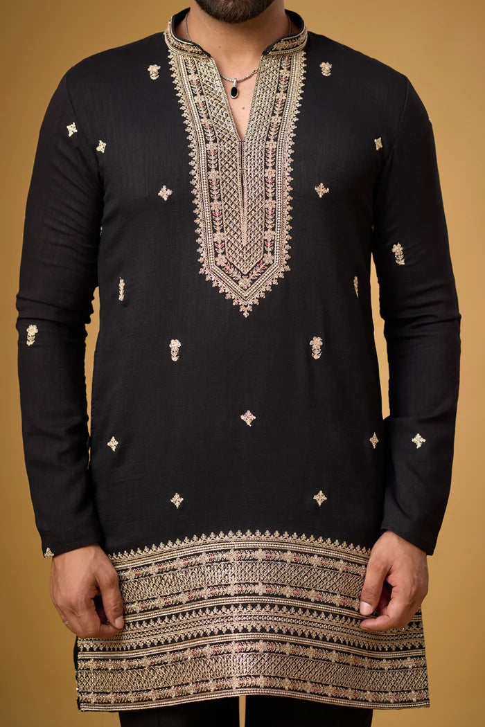 Black Regal Embroidered Kurta Pajama Set with Stole – Front View | Mahavir NX