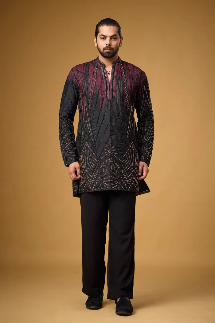 Midnight Maroon Geometric Embroidered Kurta Set for Men | Mahavir NX