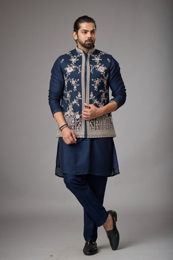 Midnight Navy floral jacket kurta set | Mahavir NX