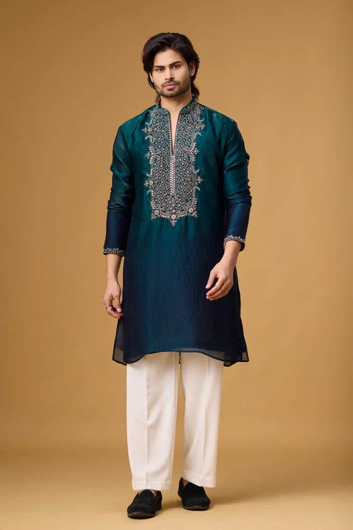 Midnight Teal Heritage Embroidered Kurta Set for Men | Mahavir NX