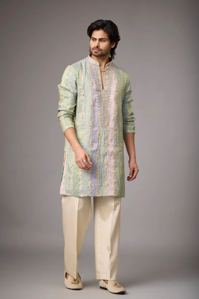Mint Sage Heritage Embroidered Kurta Set for Men | Mahavir NX