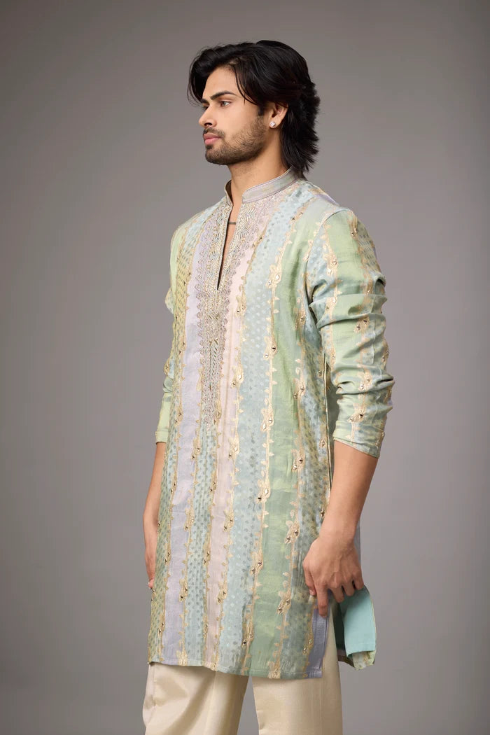 Vertical Pattern Mint Kurta Set – Wedding & Reception Wear | Mahavir NX