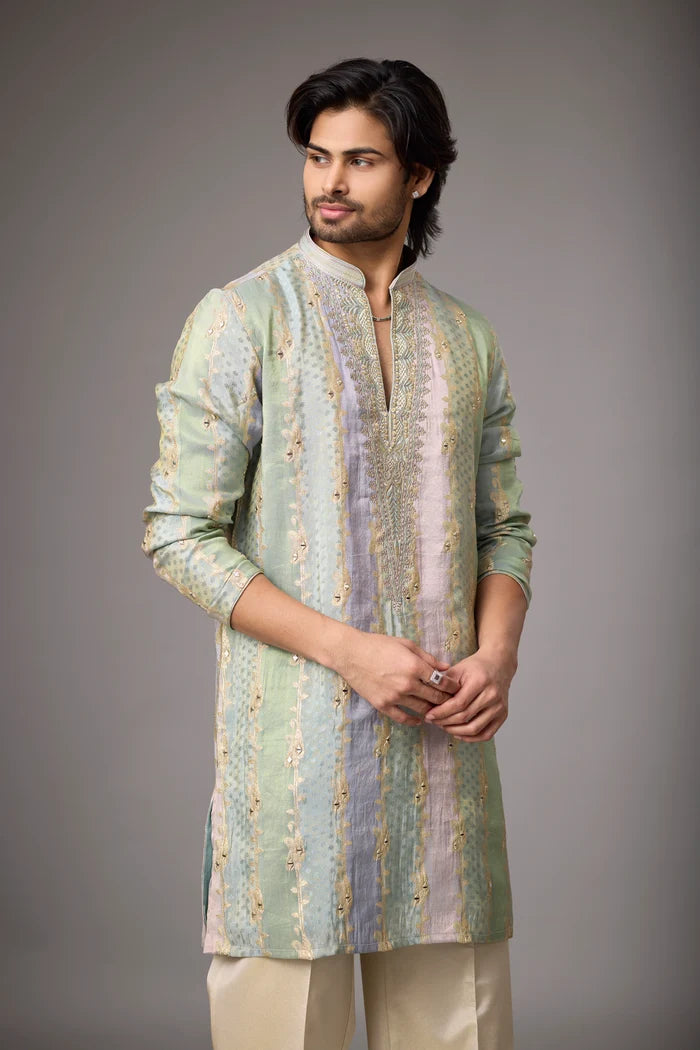 Mint Sage Embroidered Kurta Pajama Set – Front View | Mahavir NX