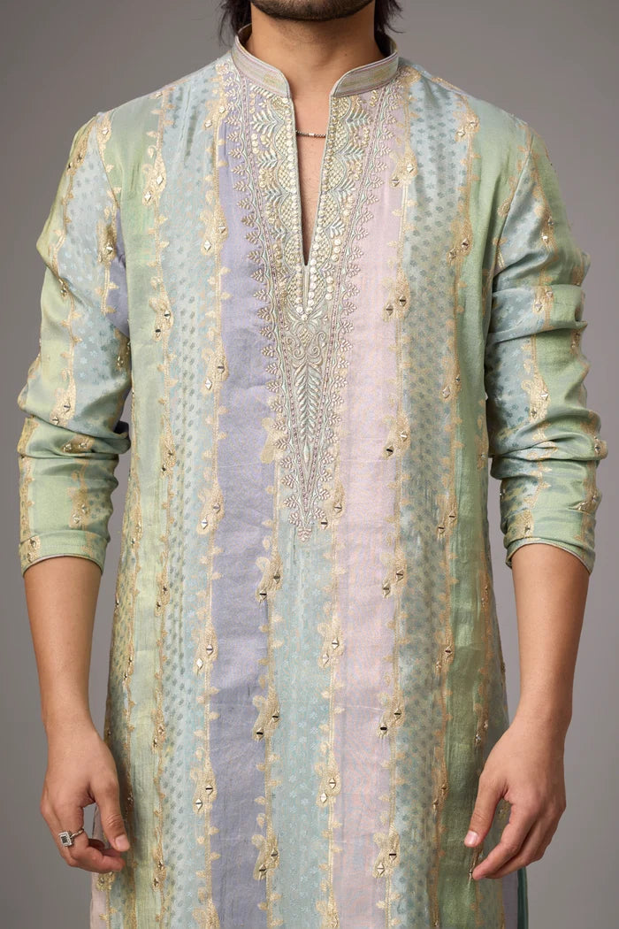 Mint Sage Embellished Cuff Kurta Set – Festive Wear | Mahavir NX