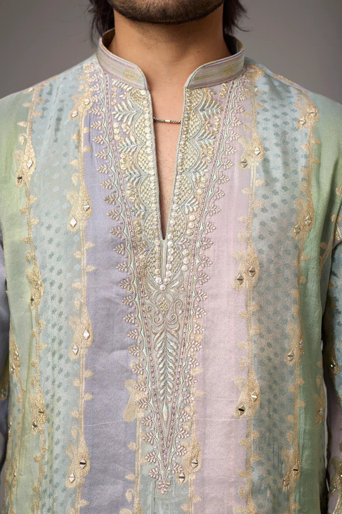 Heritage Embroidered Mint Kurta Set for Men – Full Length View | Mahavir NX