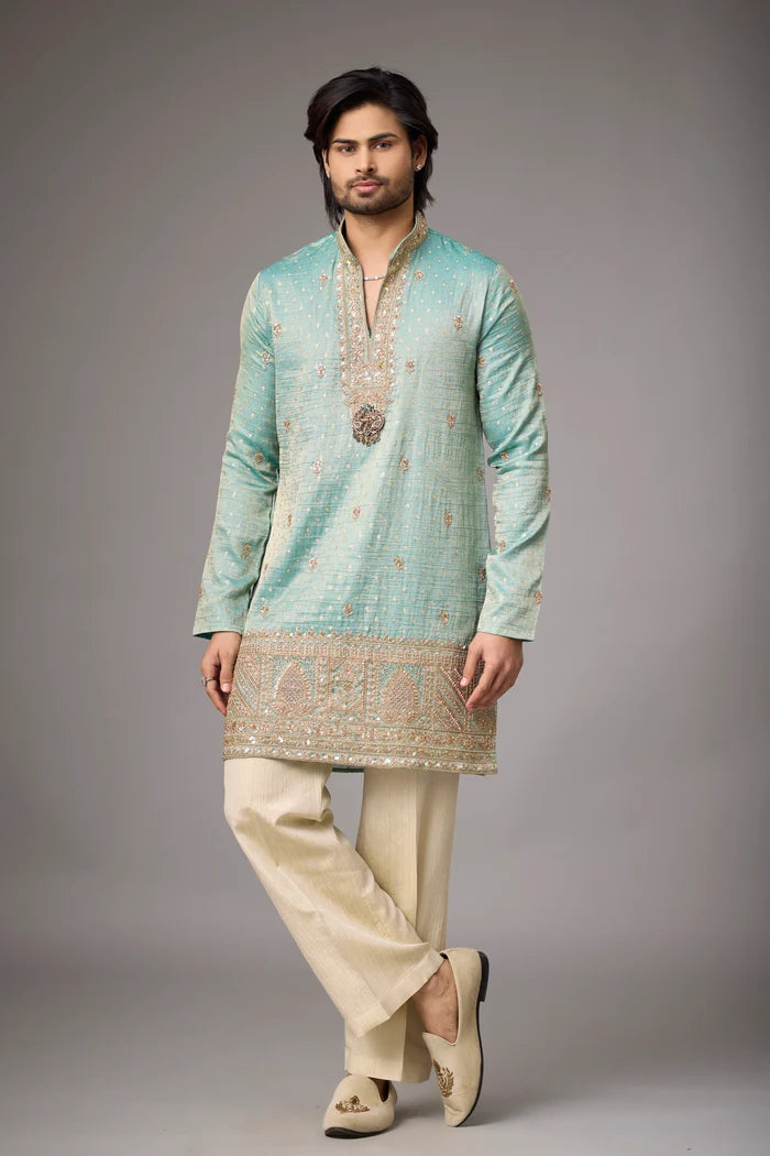 Regal Embroidered Kurta for Men – Ornate Pendant Neckline | Mahavir NX