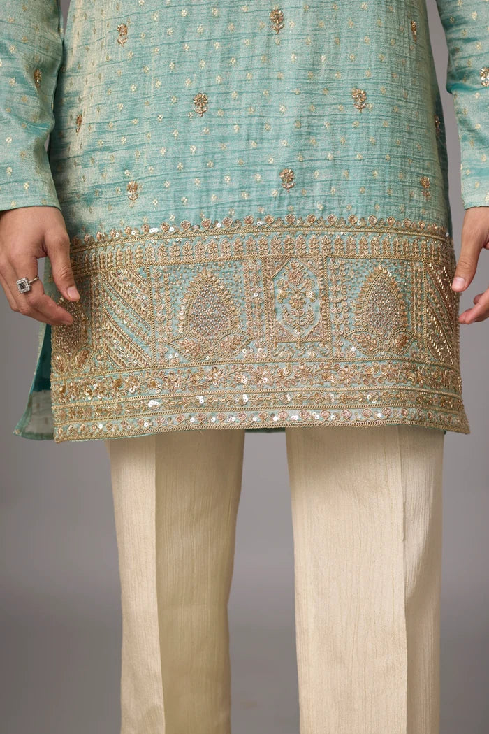 Mint Sage Regal Embroidered Kurta Set for Men – Full Length View | Mahavir NX