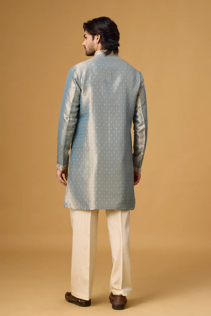 Floral Embroidered Blue Kurta Pajama Set for Men – Front View | Mahavir NX