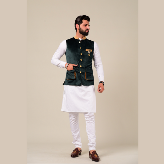 Modishly Styled Puff Pocket Green Velvet Nehru Jacket with White Kurta Pajama
