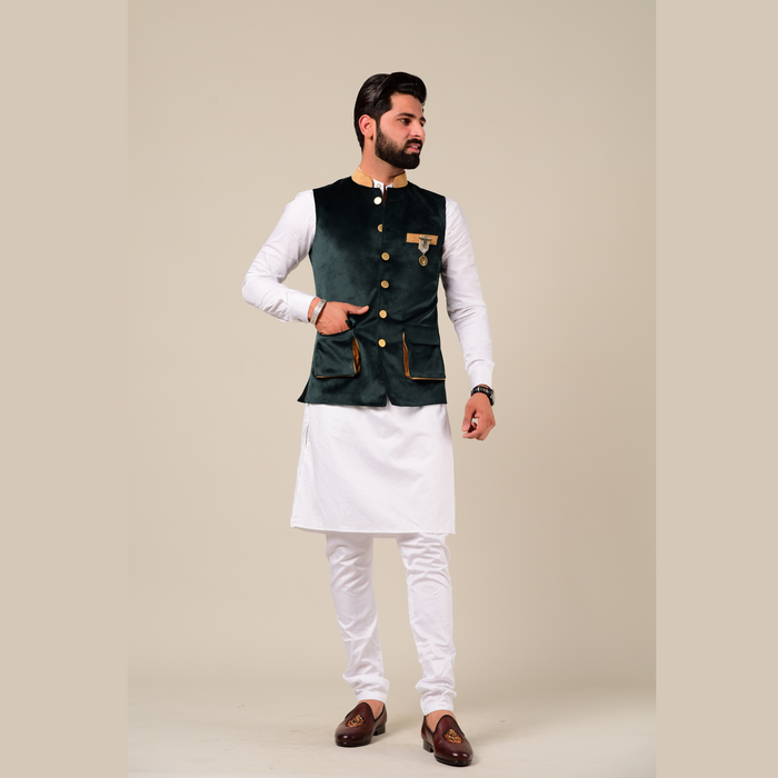 Modishly Styled Puff Pocket Green Velvet Nehru Jacket