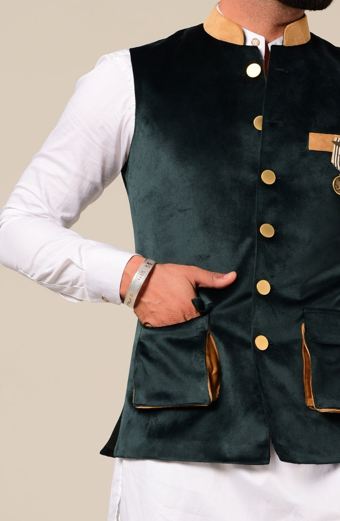 Modishly Styled Puff Pocket Green Velvet Nehru Jacket