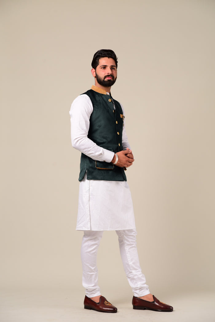 Modishly Styled Puff Pocket Green Velvet Nehru Jacket