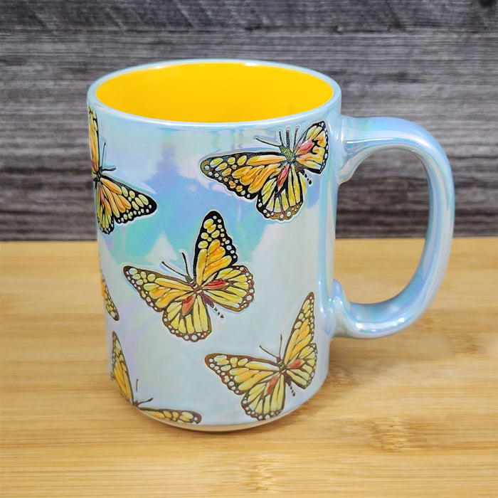 Monarch Embossed Butterfly Mug Luster Glaze Ceramic Tea Coffee Cup Blue Sky 18oz