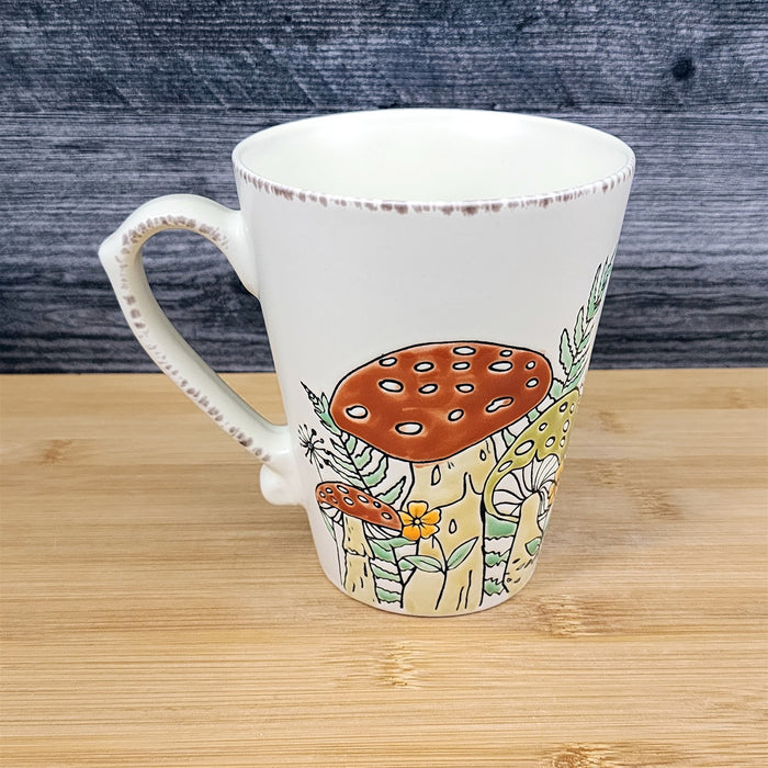Morel Mushroom Coffee Mug Ceramic Brown Green Floral Garden Tea Cup Blue Sky