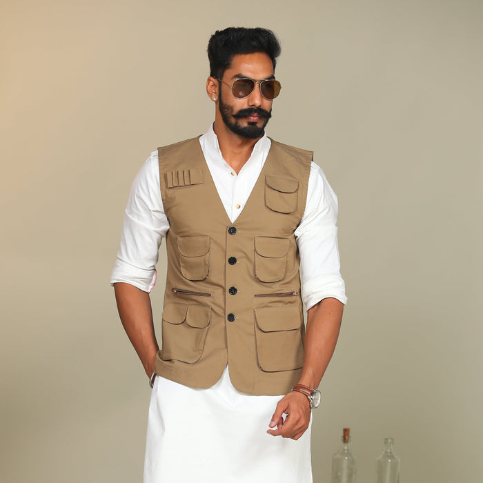 Multi Utility Khakhi Hunting Style Jacket With White Kurta Pajama Set