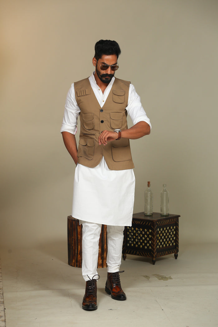 Multi Utility Khakhi Hunting Style Jacket With White Kurta Pajama Set