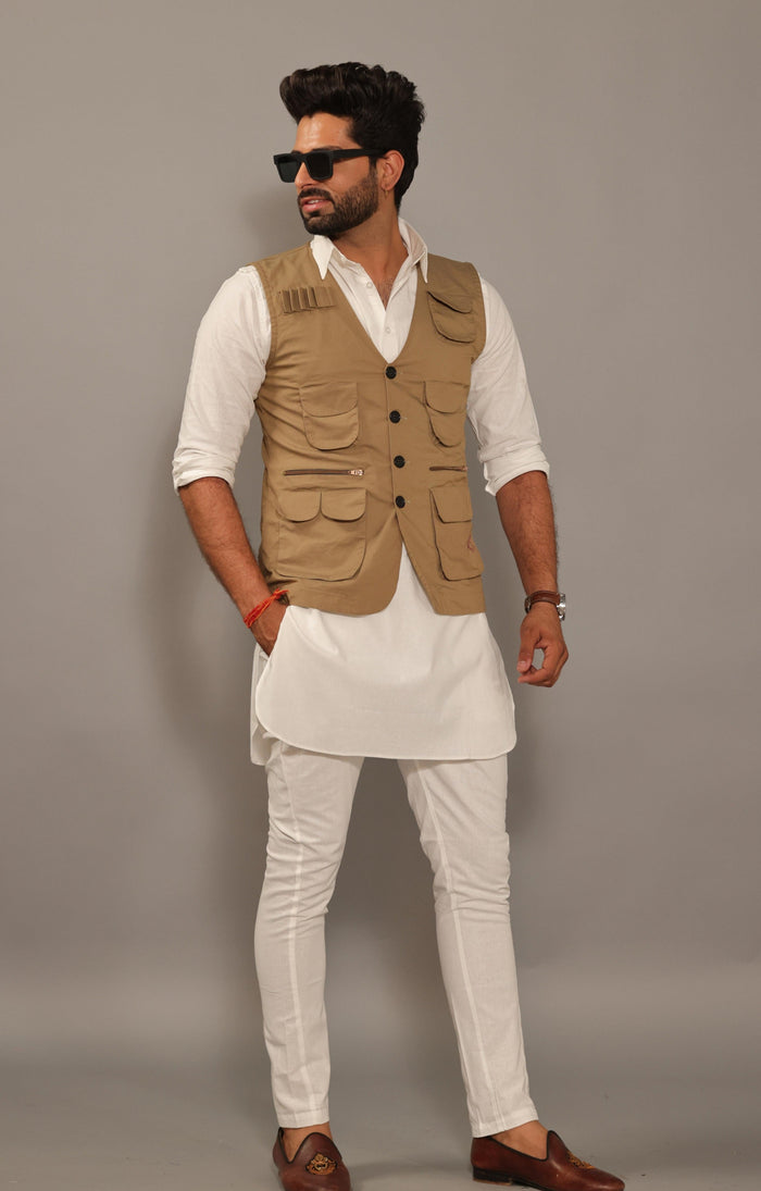 Multi Utility Khakhi Hunting Style Jacket With White Kurta Pajama Set