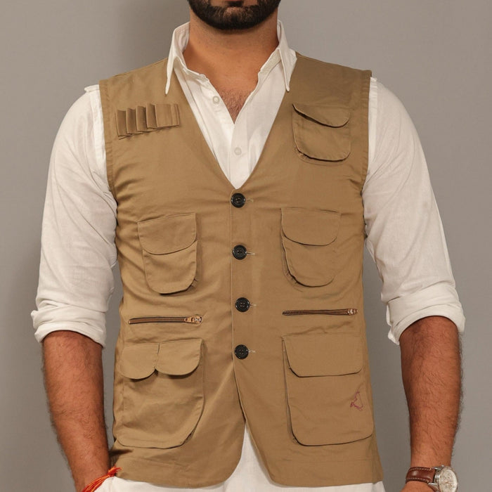 Multi Utility Khakhi Hunting Style Jacket With White Kurta Pajama Set