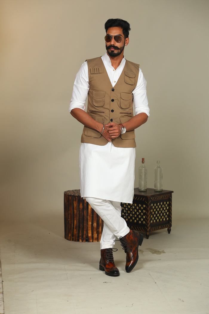 Multi Utility Khakhi Hunting Style Jacket With White Kurta Pajama Set