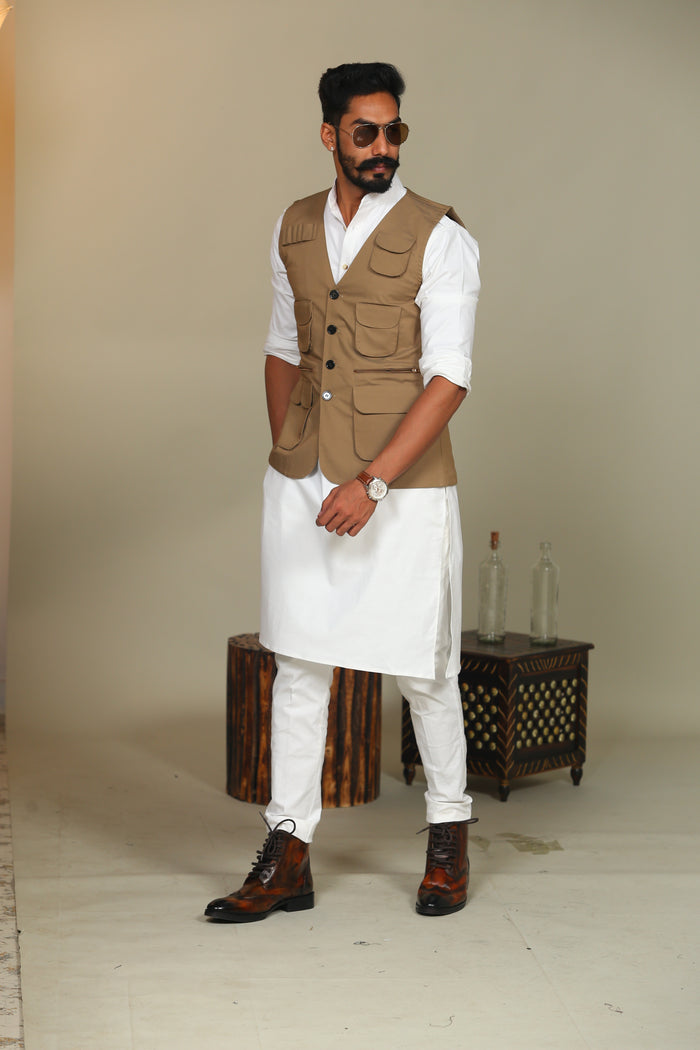 Multi Utility Khakhi Hunting Style Jacket With White Kurta Pajama Set