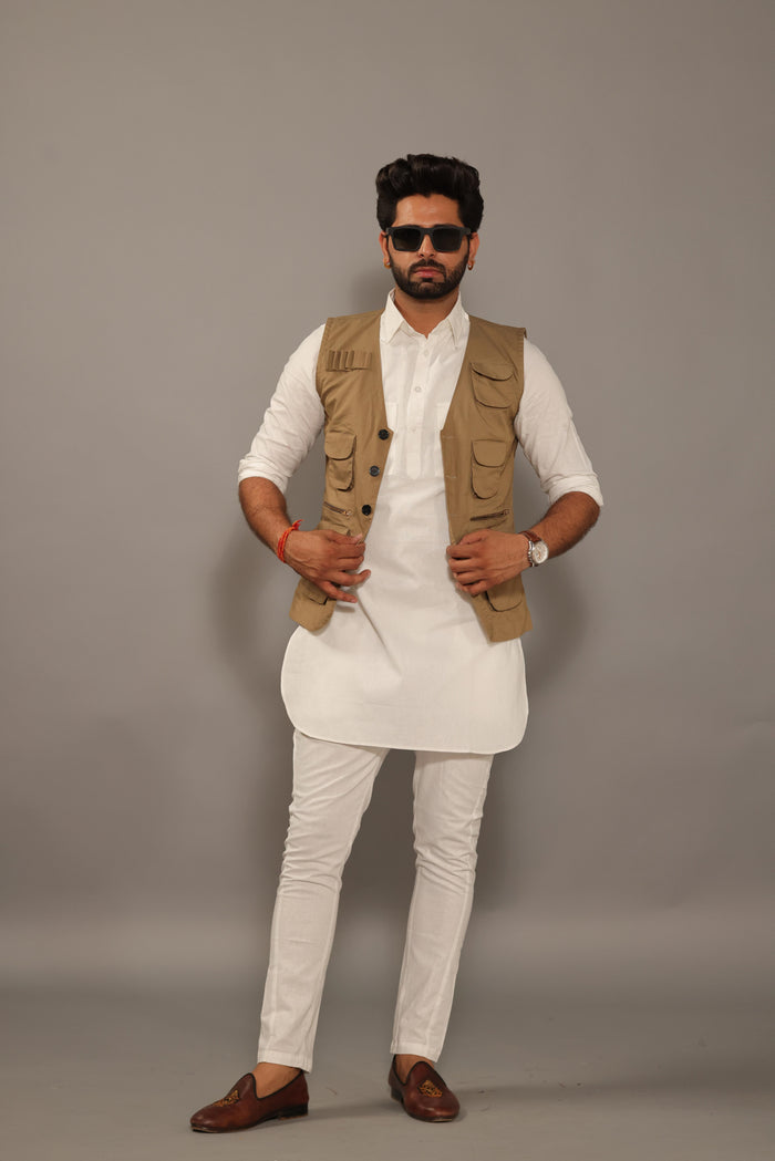 Multi Utility Khakhi Hunting Style Jacket With White Kurta Pajama Set